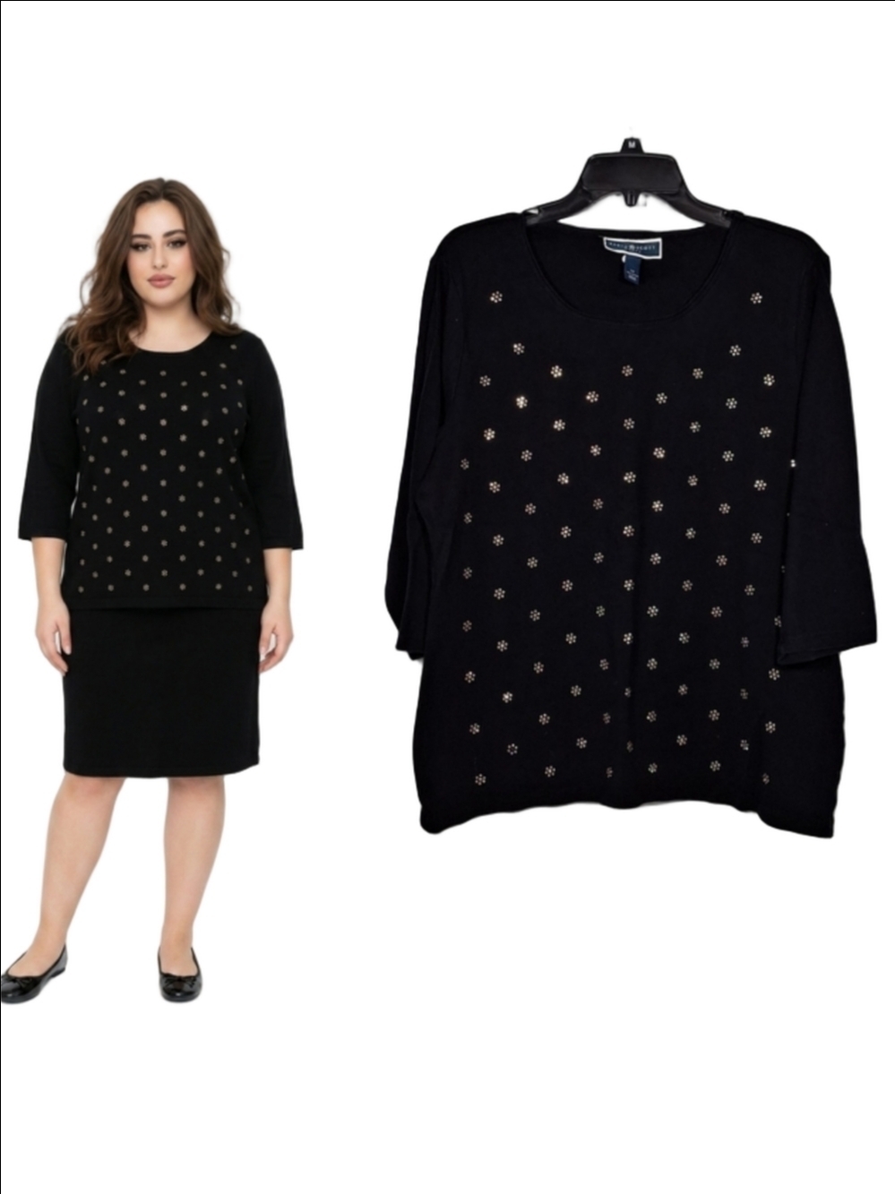 💚 Womens Karen Scott 3/4 Sleeve Top Shirt Black Size X1